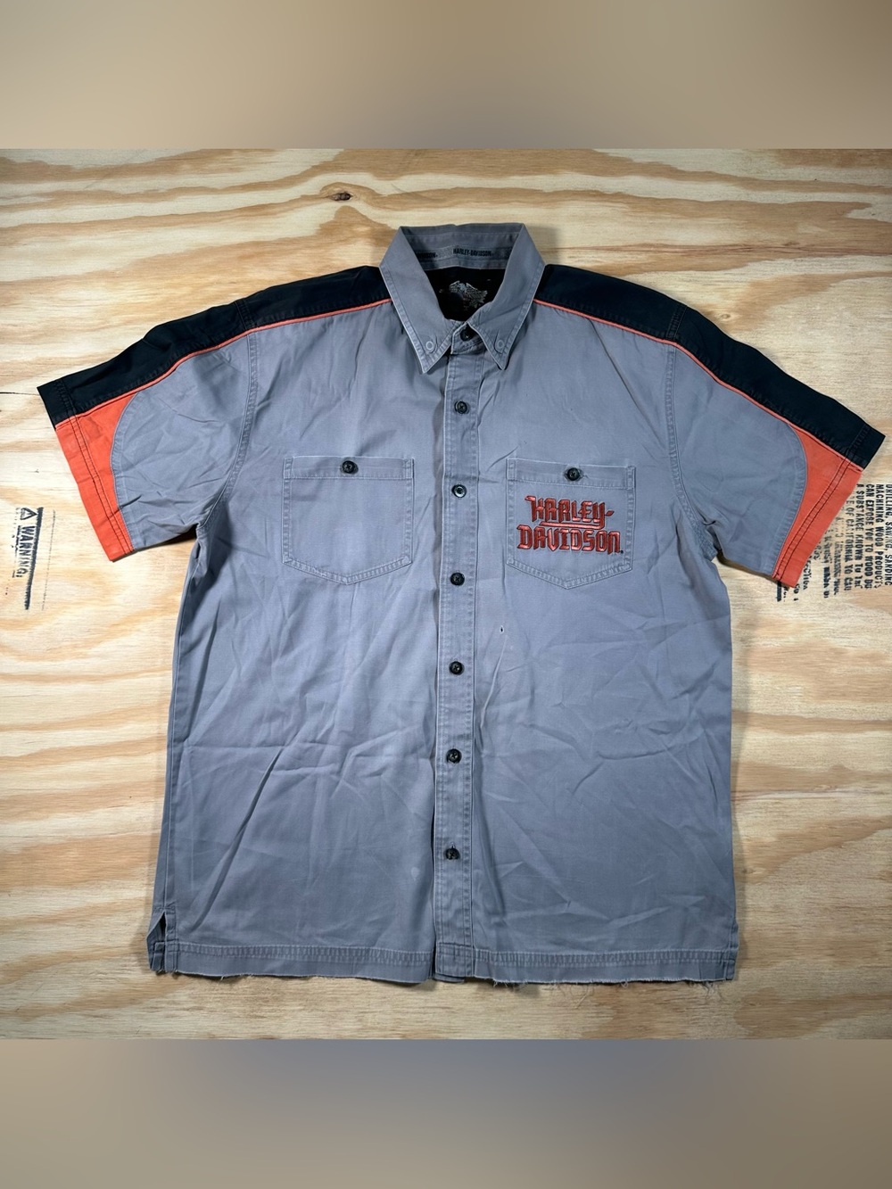 Harley-Davidson Gray Short Sleeve Button-Down Shirt with Black & Orange Accents